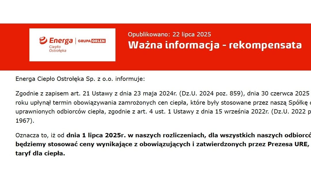 WAŻNA INFORMACJA – ZAKOŃCZENIE SYSTEMU REKOMPENSAT Z DNIEM 30.06.2025 r.